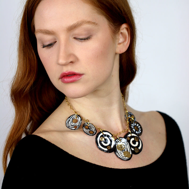 Black, White, & Gold Porcelain Circle Necklace