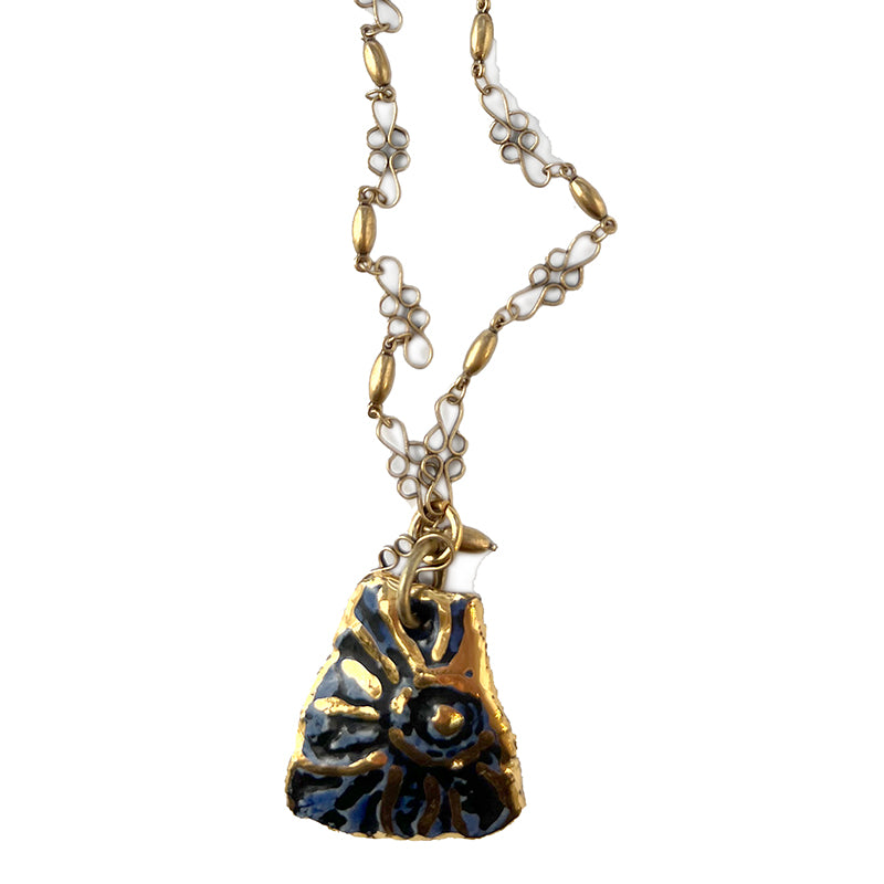 Blue & Gold Floral Fragment Ceramic Necklace