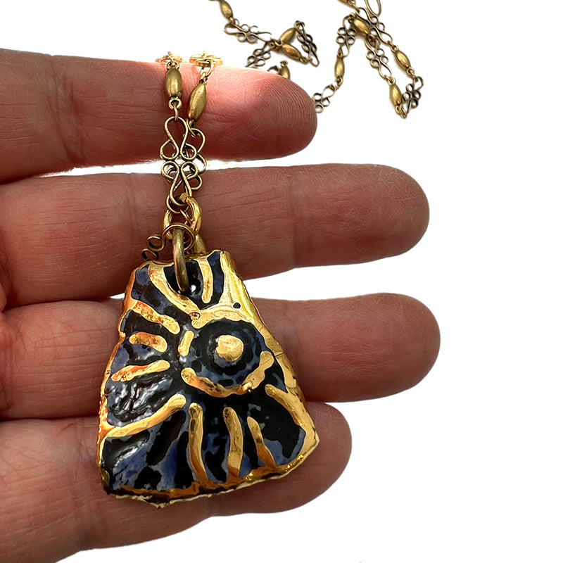 Blue & Gold Floral Fragment Ceramic Necklace