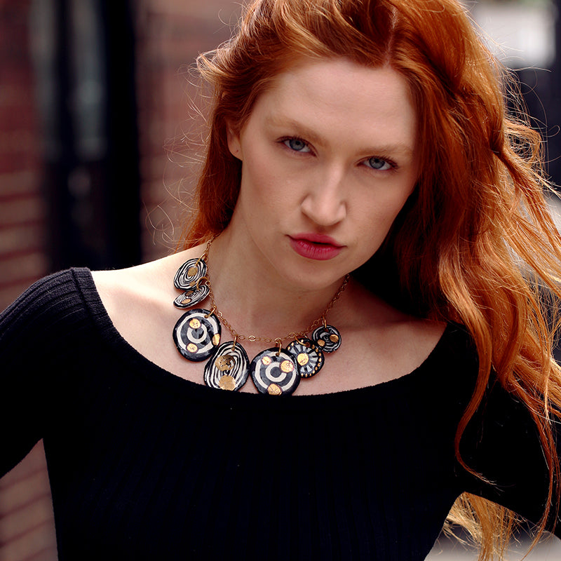 Black, White, & Gold Porcelain Circle Necklace