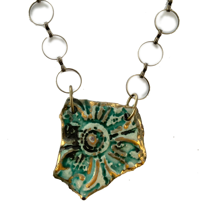 Green & Gold Floral Fragment Ceramic Necklace