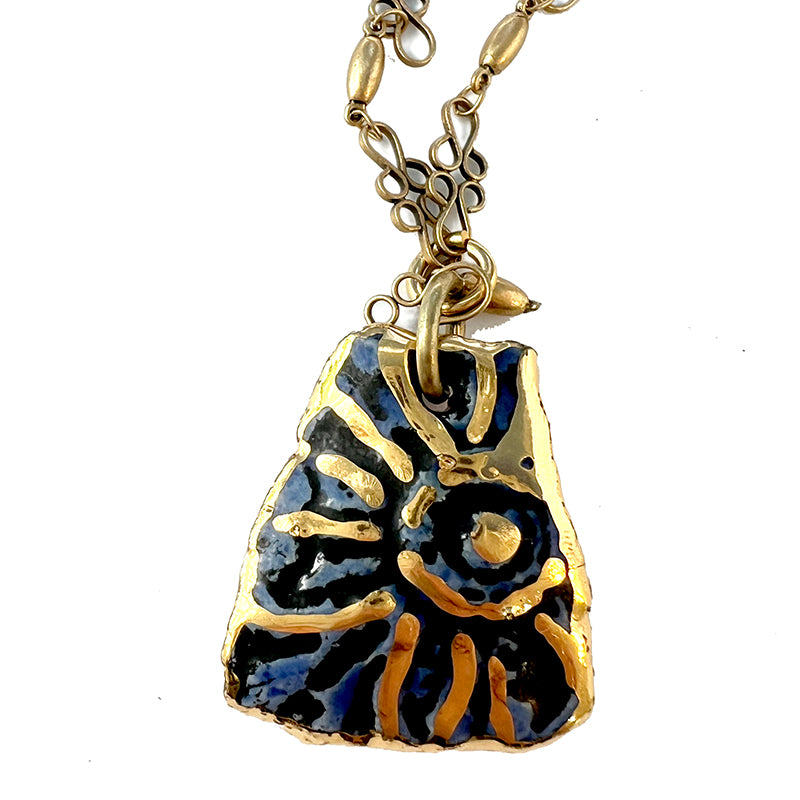 Blue & Gold Floral Fragment Ceramic Necklace