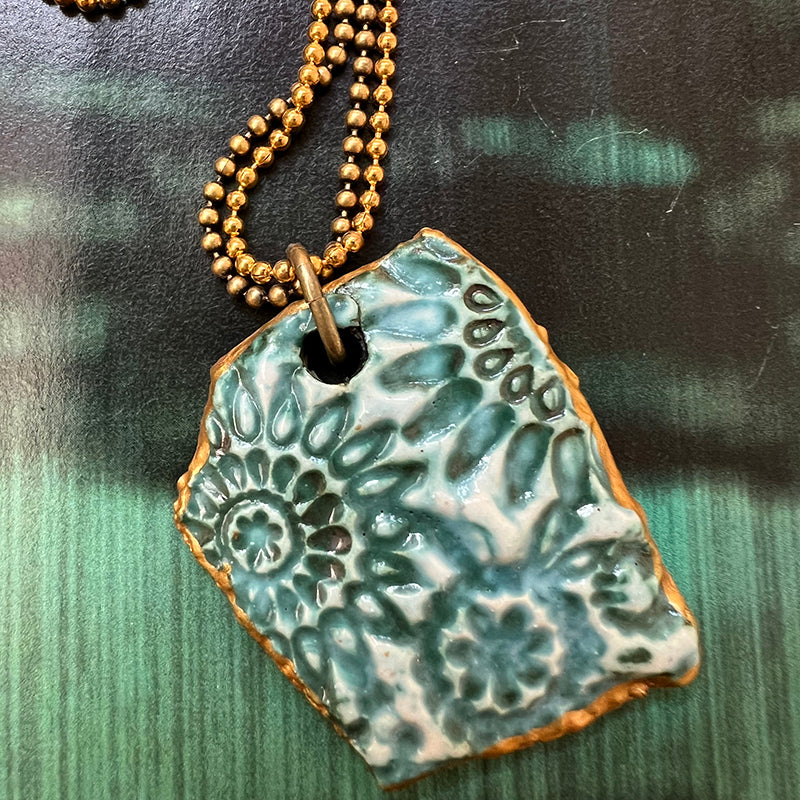 Teal Floral Ceramic Pendant Necklace