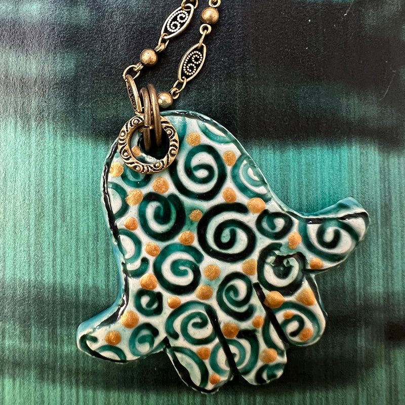 Ceramic Teal Hamsa Swirl Pendant Necklace