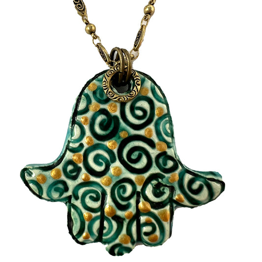 Ceramic Teal Hamsa Swirl Pendant Necklace